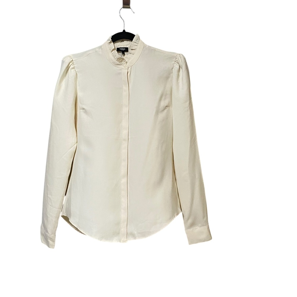 Express Portofino Blouse Ivory Ruffle Mock Neck Puff Sleeve Top XS